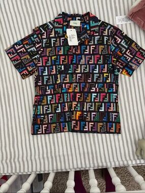 Fendi Black Short Sleeve Shirt with Multicolor FF Pattern